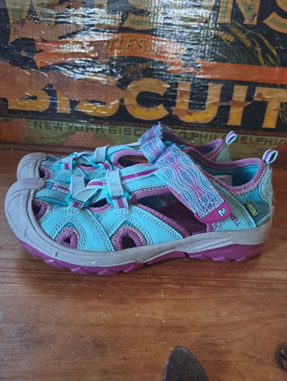 Merrell Hydro Sport Kids Sandals Size 13 Turquoise Purple Leather Water Shoes